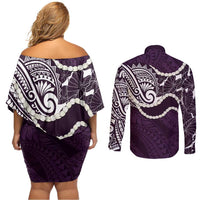 Aloha Hawaii Kalo Pikake Lei Couples Matching Off Shoulder Short Dress and Long Sleeve Button Shirt Chest Tattoo Purple Hawaiian Pattern LT14 - Polynesian Pride