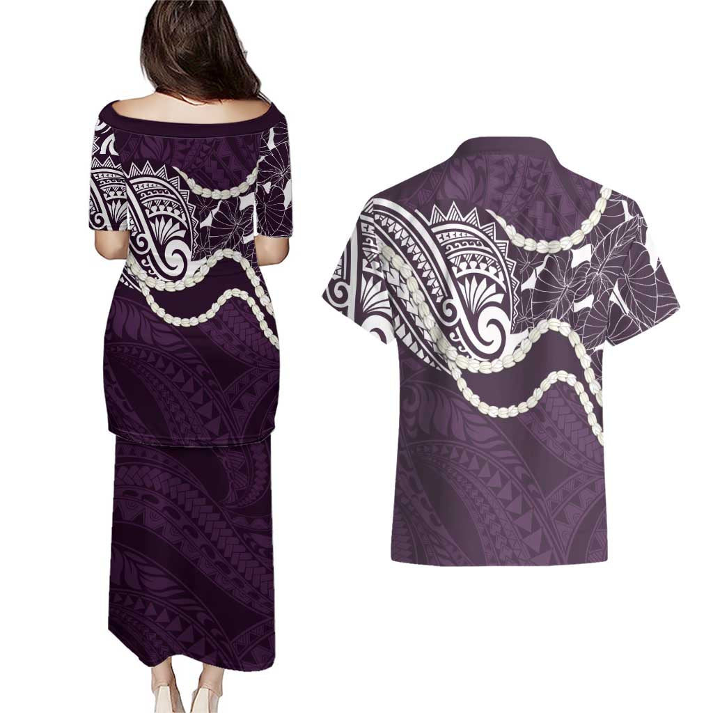 Aloha Hawaii Kalo Pikake Lei Couples Matching Puletasi and Hawaiian Shirt Chest Tattoo Purple Hawaiian Pattern LT14 - Polynesian Pride