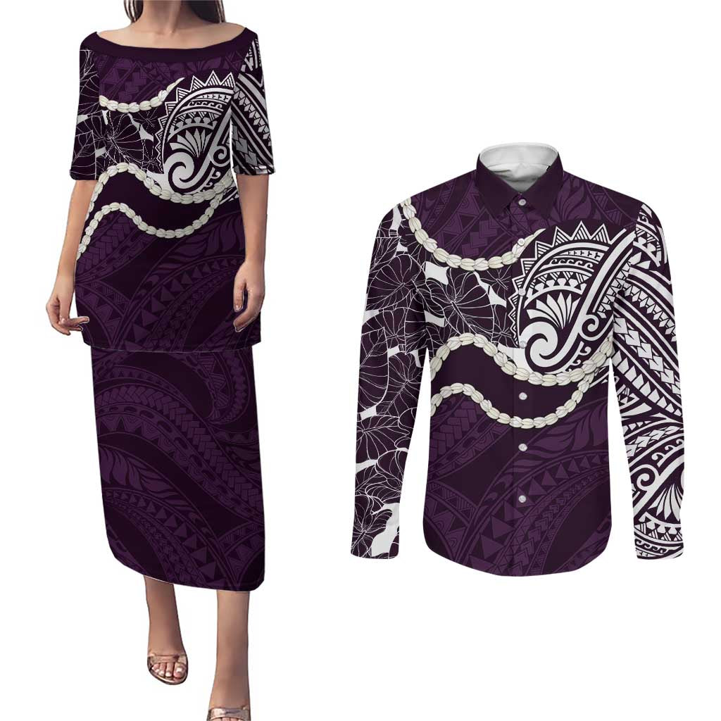 Aloha Hawaii Kalo Pikake Lei Couples Matching Puletasi and Long Sleeve Button Shirt Chest Tattoo Purple Hawaiian Pattern LT14 Purple - Polynesian Pride