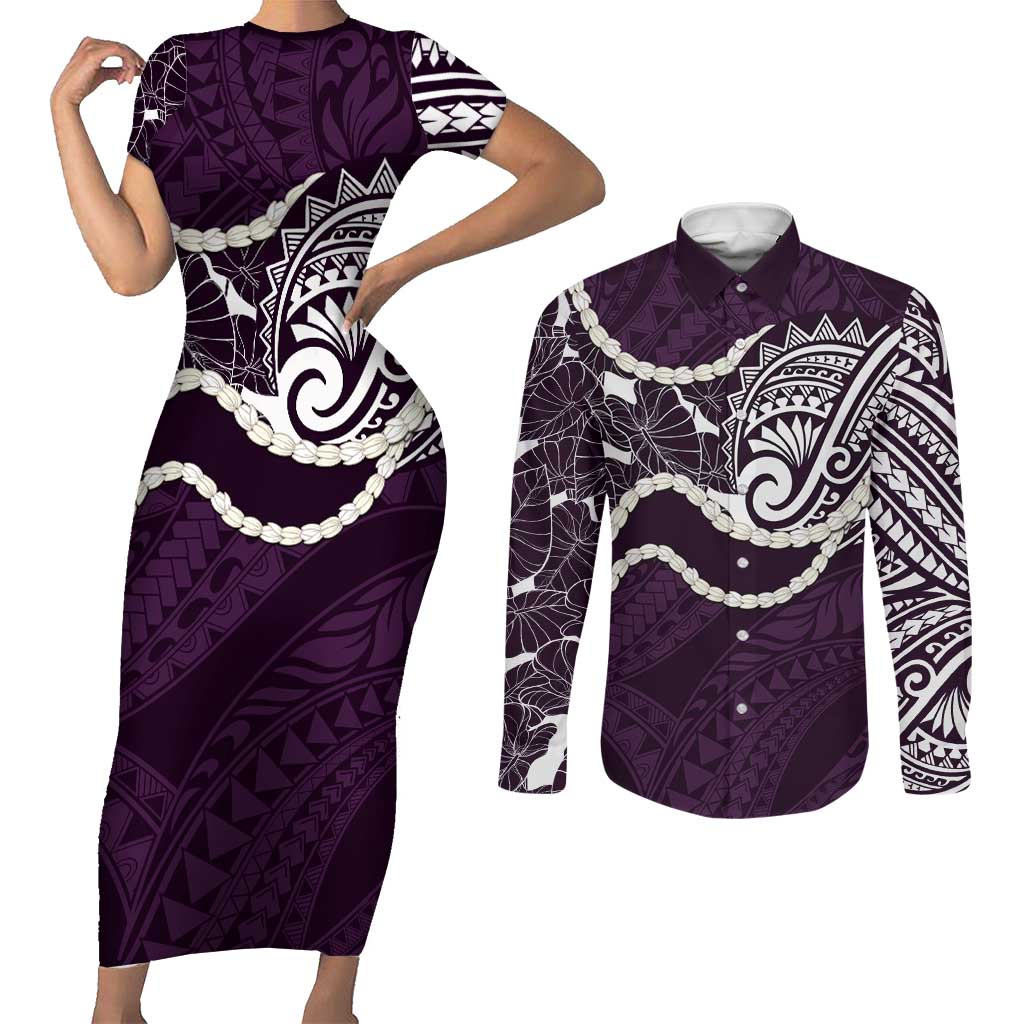 Aloha Hawaii Kalo Pikake Lei Couples Matching Short Sleeve Bodycon Dress and Long Sleeve Button Shirt Chest Tattoo Purple Hawaiian Pattern