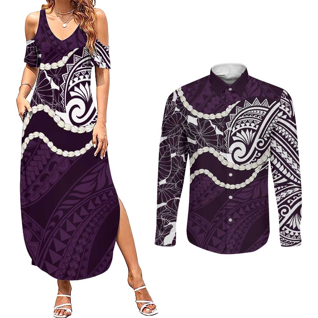 Aloha Hawaii Kalo Pikake Lei Couples Matching Summer Maxi Dress and Long Sleeve Button Shirt Chest Tattoo Purple Hawaiian Pattern LT14 Purple - Polynesian Pride