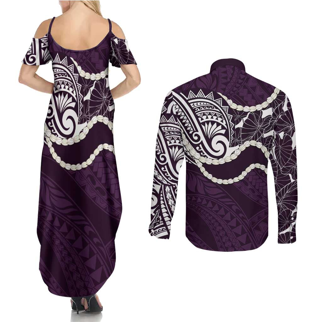 Aloha Hawaii Kalo Pikake Lei Couples Matching Summer Maxi Dress and Long Sleeve Button Shirt Chest Tattoo Purple Hawaiian Pattern LT14 - Polynesian Pride