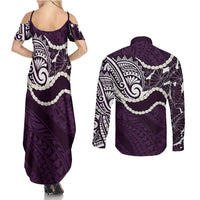 Aloha Hawaii Kalo Pikake Lei Couples Matching Summer Maxi Dress and Long Sleeve Button Shirt Chest Tattoo Purple Hawaiian Pattern LT14 - Polynesian Pride