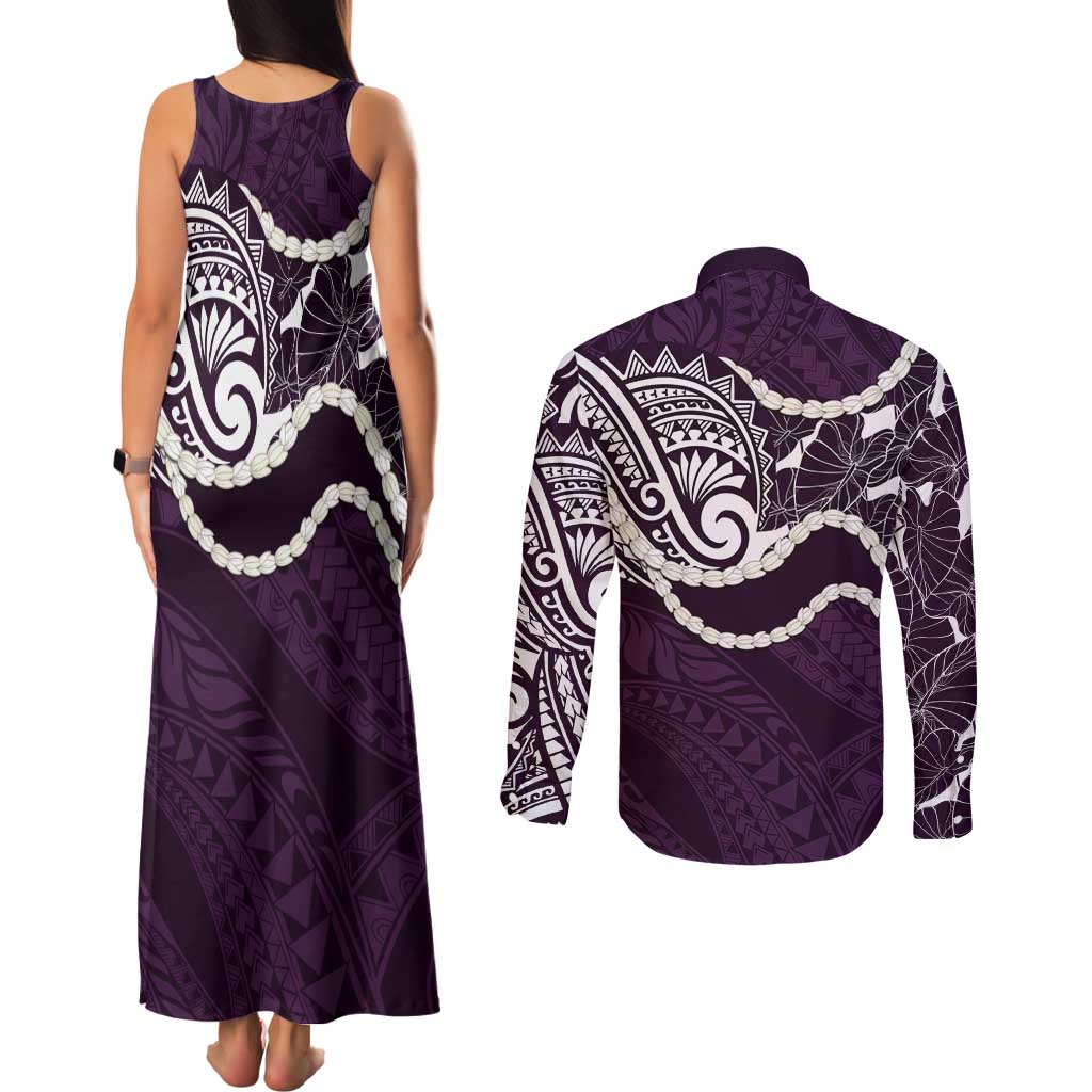Aloha Hawaii Kalo Pikake Lei Couples Matching Tank Maxi Dress and Long Sleeve Button Shirt Chest Tattoo Purple Hawaiian Pattern LT14 - Polynesian Pride