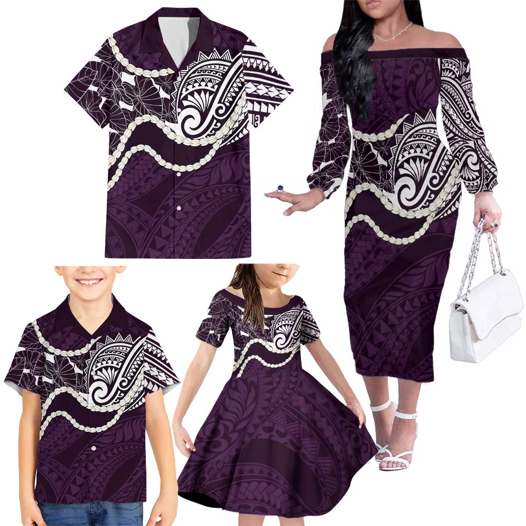 Aloha Hawaii Kalo Pikake Lei Family Matching Off The Shoulder Long Sleeve Dress and Hawaiian Shirt Chest Tattoo Purple Hawaiian Pattern LT14 - Polynesian Pride