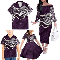 Aloha Hawaii Kalo Pikake Lei Family Matching Off The Shoulder Long Sleeve Dress and Hawaiian Shirt Chest Tattoo Purple Hawaiian Pattern LT14 - Polynesian Pride