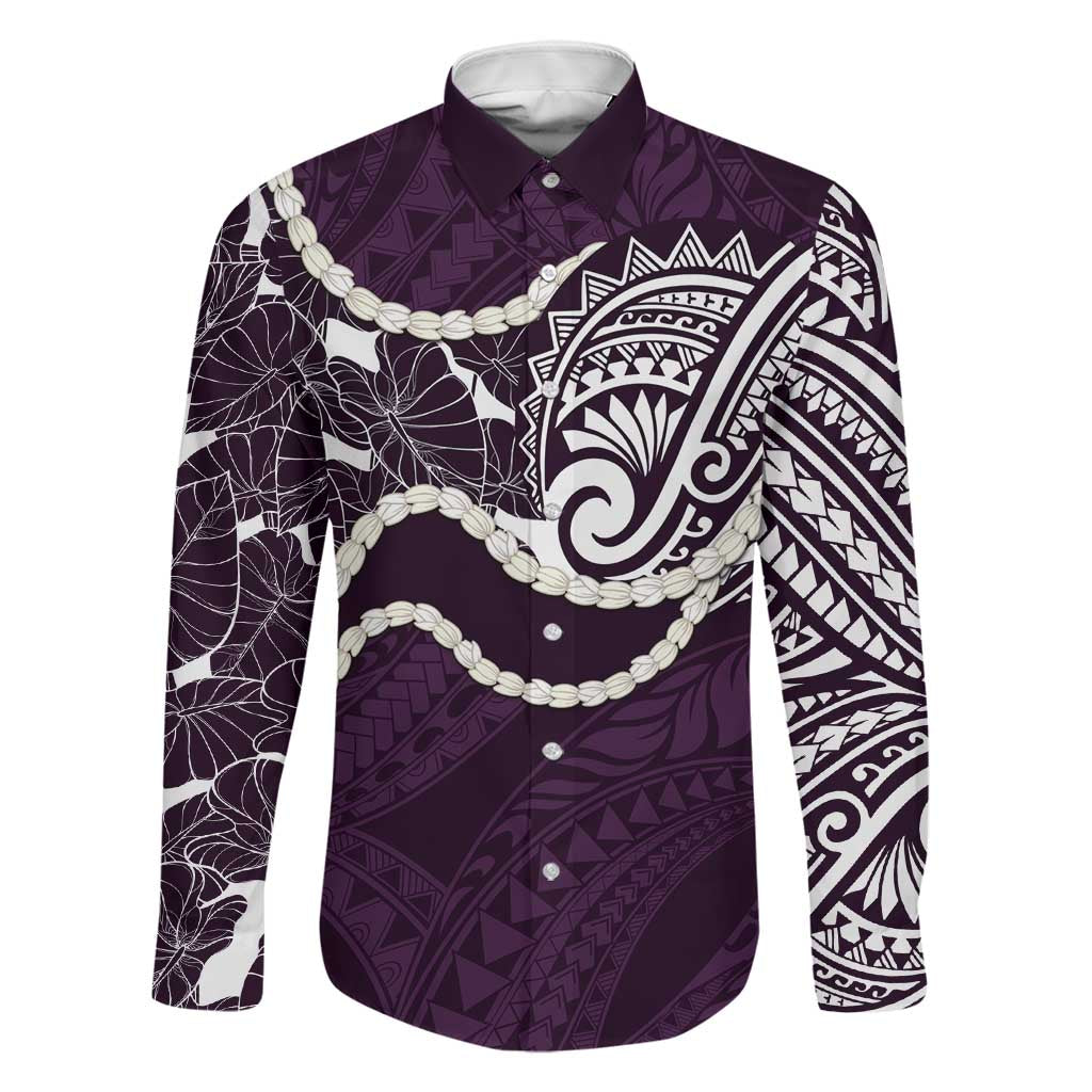 Aloha Hawaii Kalo Pikake Lei Family Matching Off Shoulder Maxi Dress and Hawaiian Shirt Chest Tattoo Purple Hawaiian Pattern LT14 Dad's Shirt - Long Sleeve Purple - Polynesian Pride