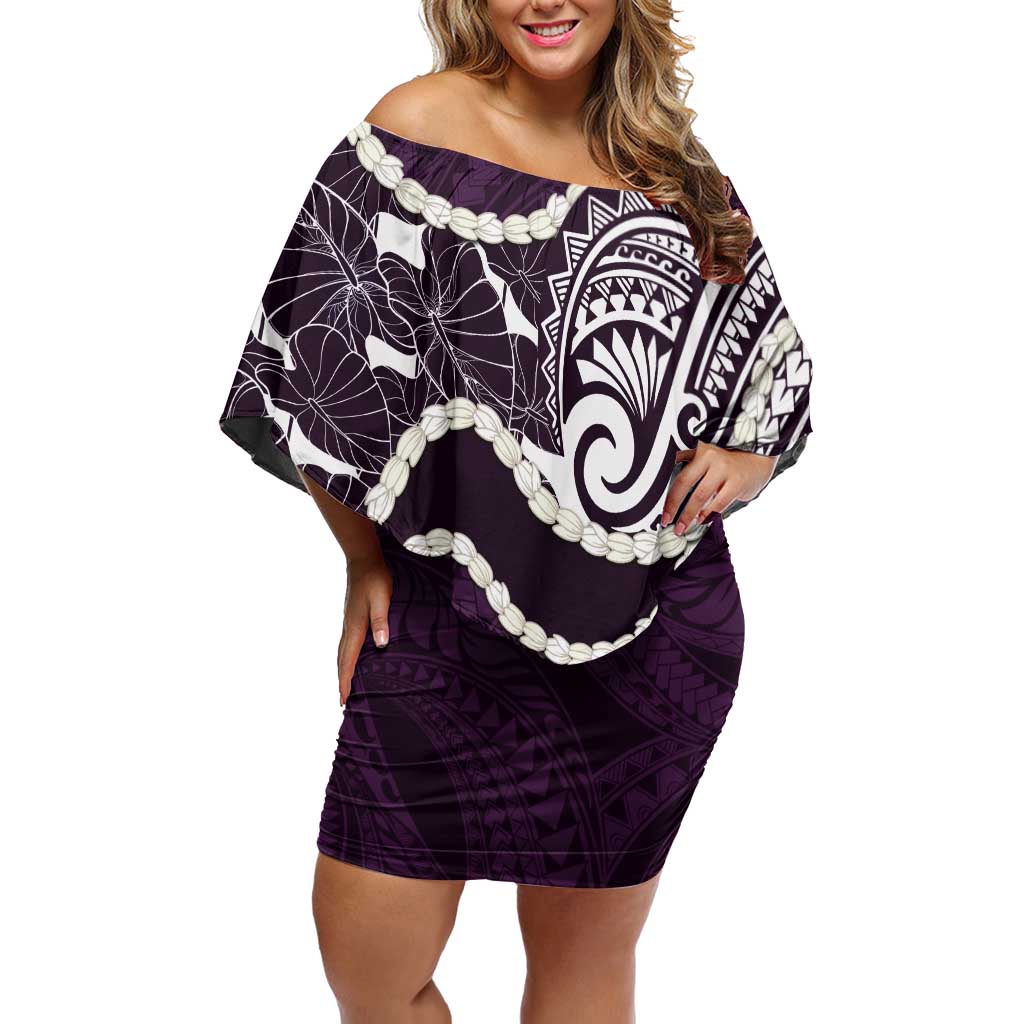 Aloha Hawaii Kalo Pikake Lei Family Matching Off Shoulder Short Dress and Hawaiian Shirt Chest Tattoo Purple Hawaiian Pattern LT14 Mom's Dress Purple - Polynesian Pride