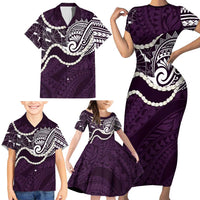 Aloha Hawaii Kalo Pikake Lei Family Matching Short Sleeve Bodycon Dress and Hawaiian Shirt Chest Tattoo Purple Hawaiian Pattern LT14 - Polynesian Pride