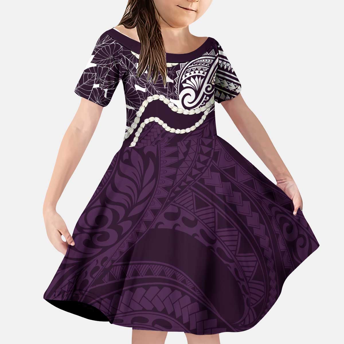 Aloha Hawaii Kalo Pikake Lei Kid Short Sleeve Dress Chest Tattoo Purple Hawaiian Pattern LT14 KID Purple - Polynesian Pride