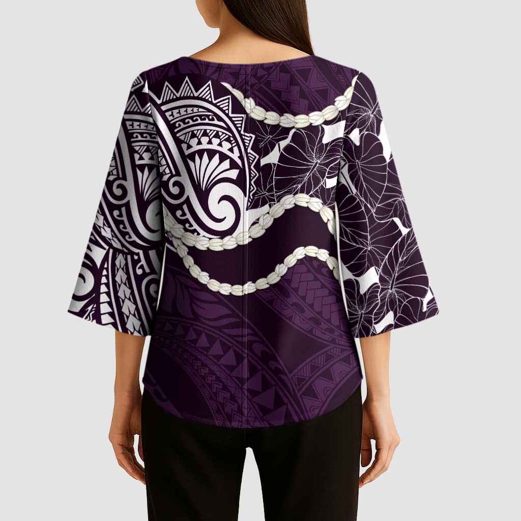 Aloha Hawaii Kalo Pikake Lei Kimono Sleeve Blouse Chest Tattoo Purple Hawaiian Pattern