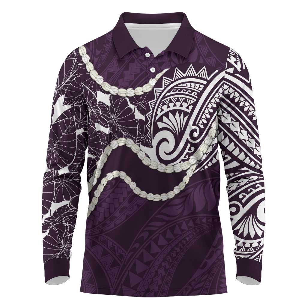 Aloha Hawaii Kalo Pikake Lei Long Sleeve Polo Shirt Chest Tattoo Purple Hawaiian Pattern LT14 Purple - Polynesian Pride