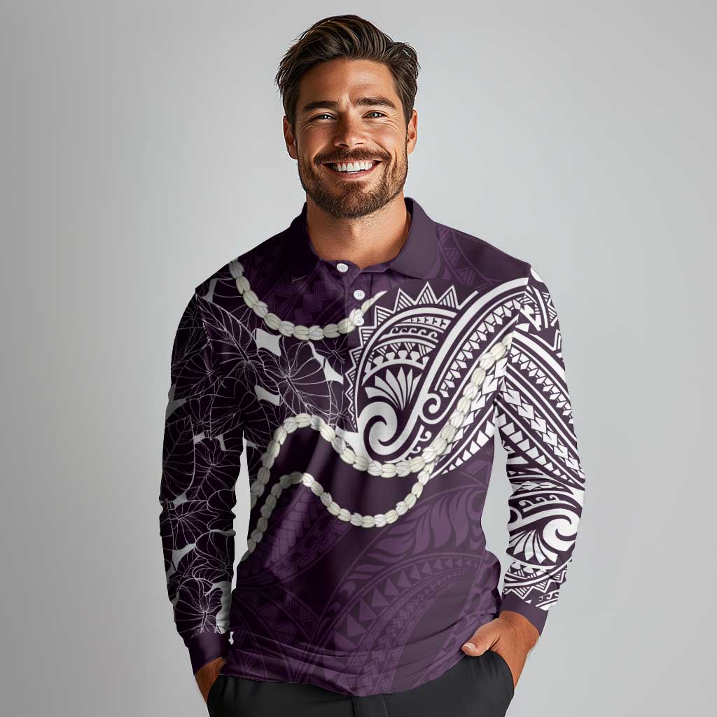 Aloha Hawaii Kalo Pikake Lei Long Sleeve Polo Shirt Chest Tattoo Purple Hawaiian Pattern LT14 - Polynesian Pride