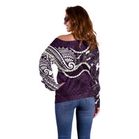 Aloha Hawaii Kalo Pikake Lei Off Shoulder Sweater Chest Tattoo Purple Hawaiian Pattern