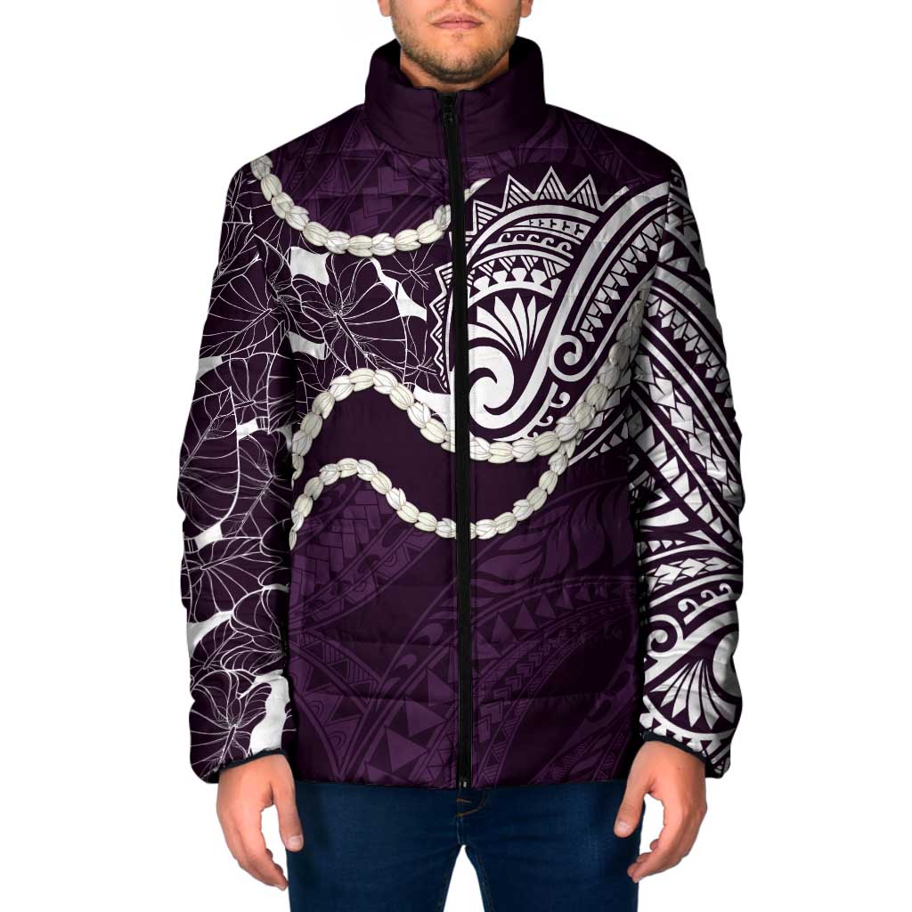 Aloha Hawaii Kalo Pikake Lei Padded Jacket Chest Tattoo Purple Hawaiian Pattern