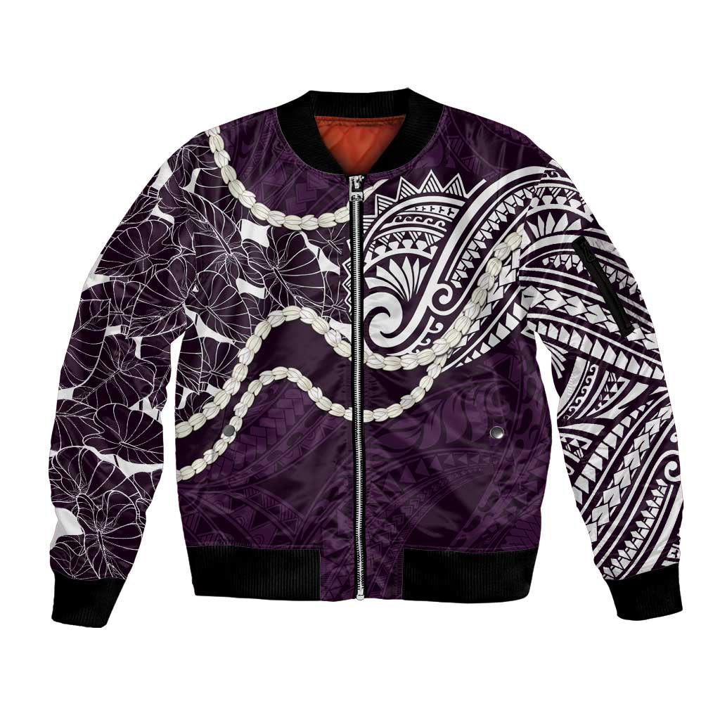 Aloha Hawaii Kalo Pikake Lei Sleeve Zip Bomber Jacket Chest Tattoo Purple Hawaiian Pattern