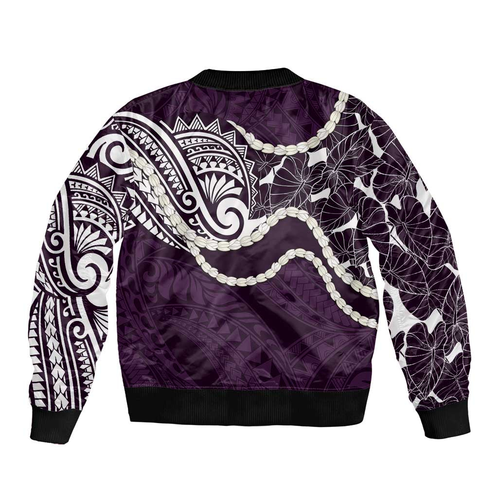 Aloha Hawaii Kalo Pikake Lei Sleeve Zip Bomber Jacket Chest Tattoo Purple Hawaiian Pattern