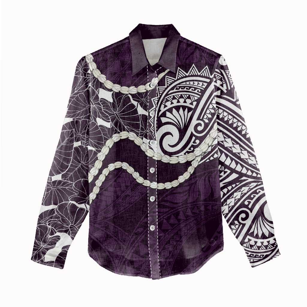 Aloha Hawaii Kalo Pikake Lei Women Casual Shirt Chest Tattoo Purple Hawaiian Pattern LT14 - Polynesian Pride
