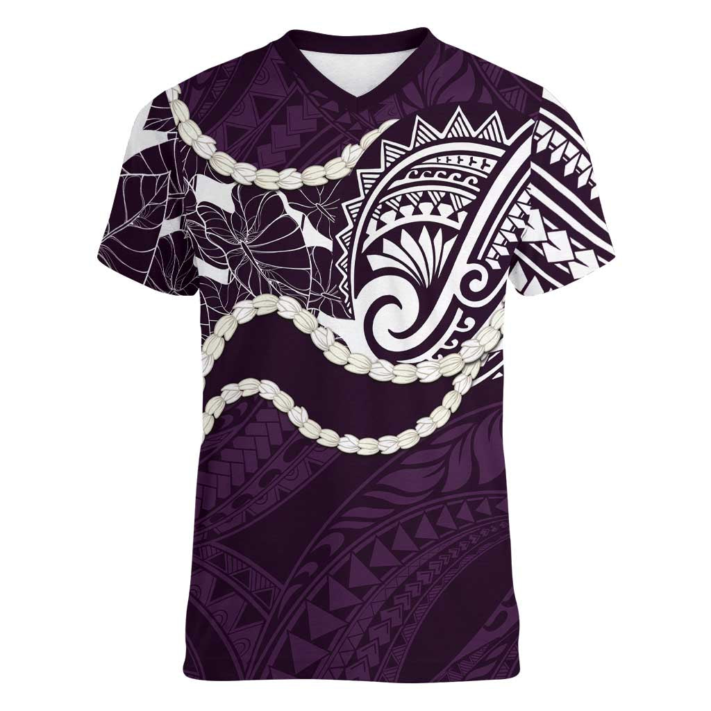 Aloha Hawaii Kalo Pikake Lei Women V-Neck T-Shirt Chest Tattoo Purple Hawaiian Pattern LT14 Female Purple - Polynesian Pride
