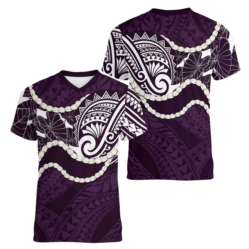 Aloha Hawaii Kalo Pikake Lei Women V-Neck T-Shirt Chest Tattoo Purple Hawaiian Pattern LT14 - Polynesian Pride
