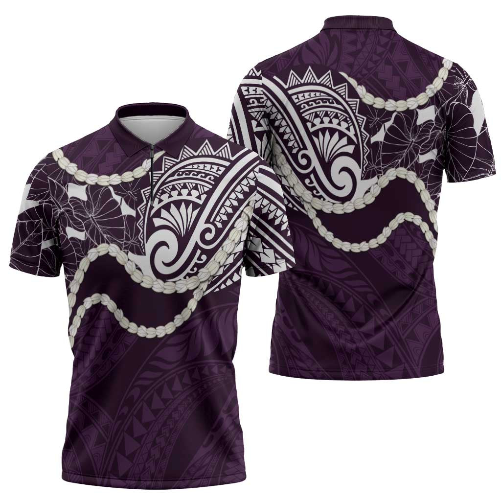 Aloha Hawaii Kalo Pikake Lei Zipper Polo Shirt Chest Tattoo Purple Hawaiian Pattern LT14 - Polynesian Pride