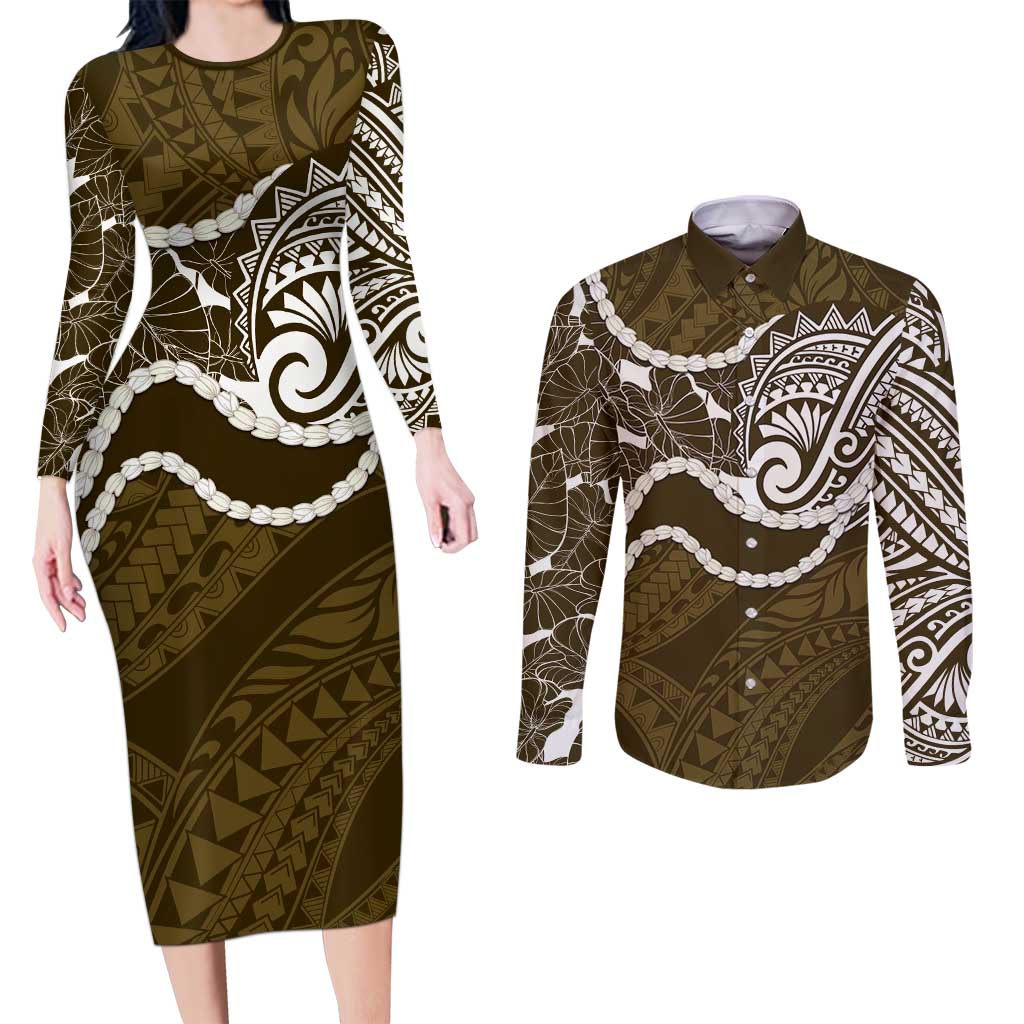 Aloha Hawaii Kalo Pikake Lei Couples Matching Long Sleeve Bodycon Dress and Long Sleeve Button Shirt Chest Tattoo Gold Hawaiian Pattern LT14 Gold - Polynesian Pride