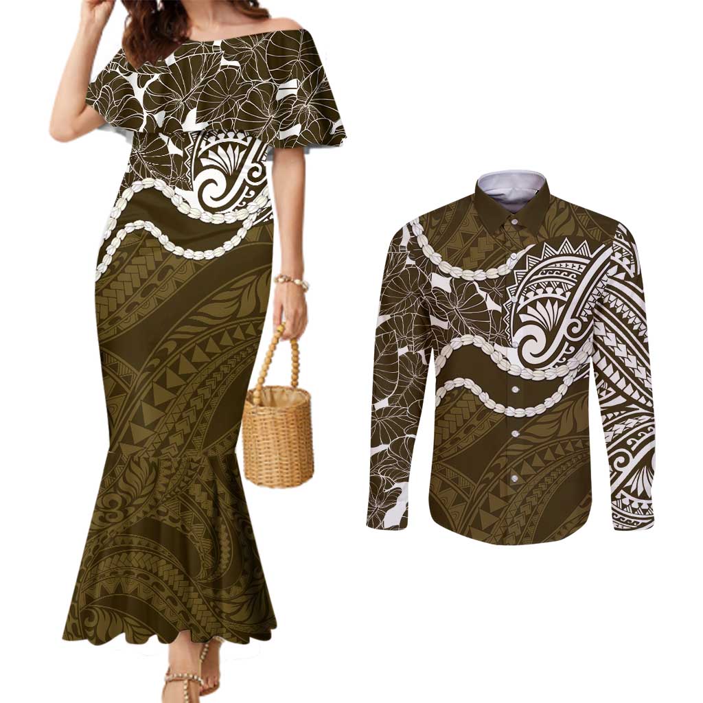 Aloha Hawaii Kalo Pikake Lei Couples Matching Mermaid Dress and Long Sleeve Button Shirt Chest Tattoo Gold Hawaiian Pattern LT14 Gold - Polynesian Pride