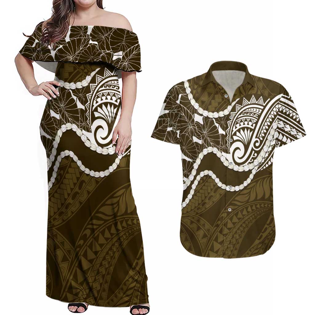 Aloha Hawaii Kalo Pikake Lei Couples Matching Off Shoulder Maxi Dress and Hawaiian Shirt Chest Tattoo Gold Hawaiian Pattern LT14 Gold - Polynesian Pride