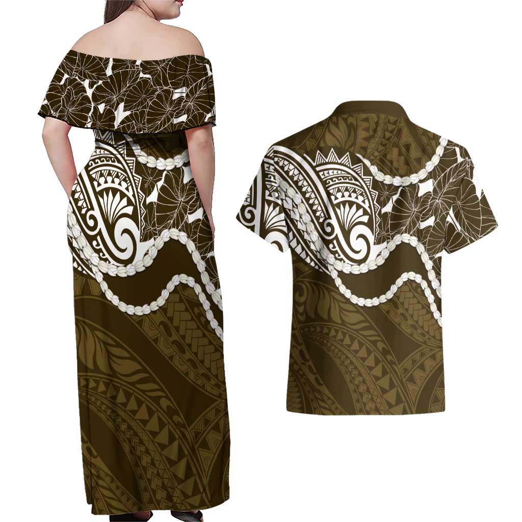 Aloha Hawaii Kalo Pikake Lei Couples Matching Off Shoulder Maxi Dress and Hawaiian Shirt Chest Tattoo Gold Hawaiian Pattern LT14 - Polynesian Pride