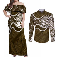 Aloha Hawaii Kalo Pikake Lei Couples Matching Off Shoulder Maxi Dress and Long Sleeve Button Shirt Chest Tattoo Gold Hawaiian Pattern LT14 Gold - Polynesian Pride