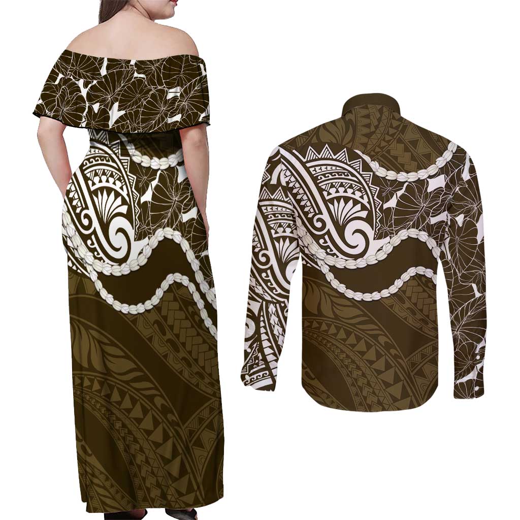 Aloha Hawaii Kalo Pikake Lei Couples Matching Off Shoulder Maxi Dress and Long Sleeve Button Shirt Chest Tattoo Gold Hawaiian Pattern LT14 - Polynesian Pride