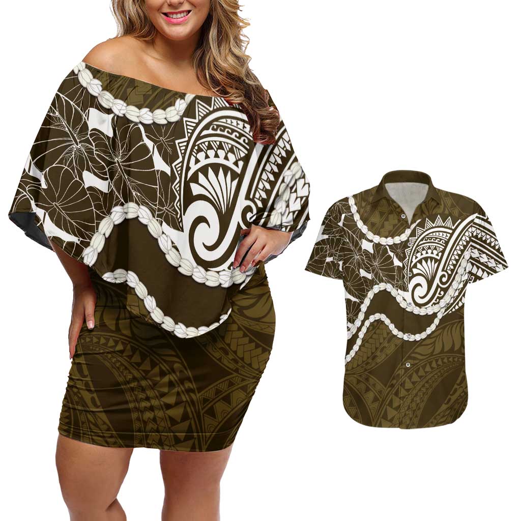 Aloha Hawaii Kalo Pikake Lei Couples Matching Off Shoulder Short Dress and Hawaiian Shirt Chest Tattoo Gold Hawaiian Pattern LT14 Gold - Polynesian Pride