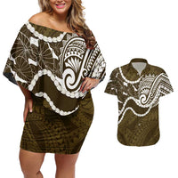 Aloha Hawaii Kalo Pikake Lei Couples Matching Off Shoulder Short Dress and Hawaiian Shirt Chest Tattoo Gold Hawaiian Pattern LT14 Gold - Polynesian Pride