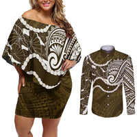 Aloha Hawaii Kalo Pikake Lei Couples Matching Off Shoulder Short Dress and Long Sleeve Button Shirt Chest Tattoo Gold Hawaiian Pattern LT14 Gold - Polynesian Pride