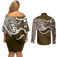 Aloha Hawaii Kalo Pikake Lei Couples Matching Off Shoulder Short Dress and Long Sleeve Button Shirt Chest Tattoo Gold Hawaiian Pattern LT14 - Polynesian Pride