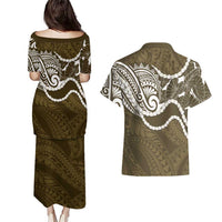 Aloha Hawaii Kalo Pikake Lei Couples Matching Puletasi and Hawaiian Shirt Chest Tattoo Gold Hawaiian Pattern LT14 - Polynesian Pride