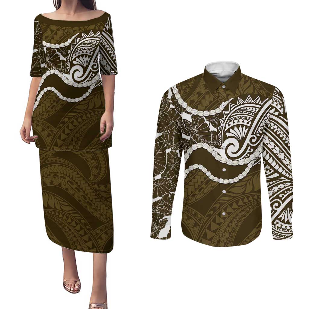 Aloha Hawaii Kalo Pikake Lei Couples Matching Puletasi and Long Sleeve Button Shirt Chest Tattoo Gold Hawaiian Pattern LT14 Gold - Polynesian Pride