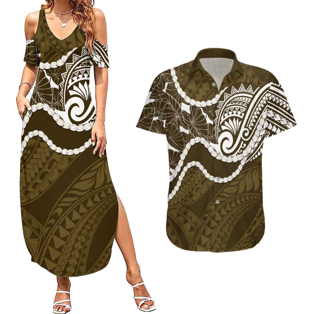 Aloha Hawaii Kalo Pikake Lei Couples Matching Summer Maxi Dress and Hawaiian Shirt Chest Tattoo Gold Hawaiian Pattern LT14 Gold - Polynesian Pride