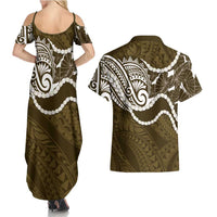 Aloha Hawaii Kalo Pikake Lei Couples Matching Summer Maxi Dress and Hawaiian Shirt Chest Tattoo Gold Hawaiian Pattern LT14 - Polynesian Pride