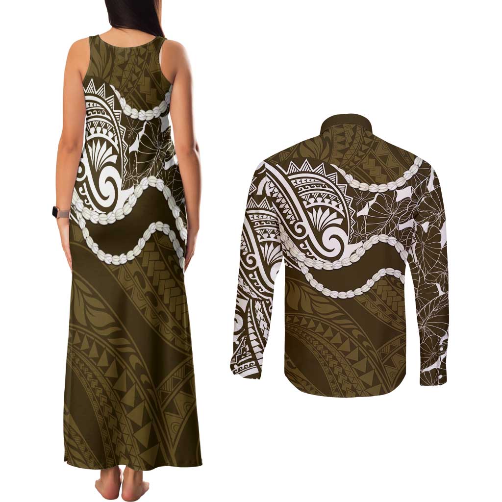 Aloha Hawaii Kalo Pikake Lei Couples Matching Tank Maxi Dress and Long Sleeve Button Shirt Chest Tattoo Gold Hawaiian Pattern LT14 - Polynesian Pride