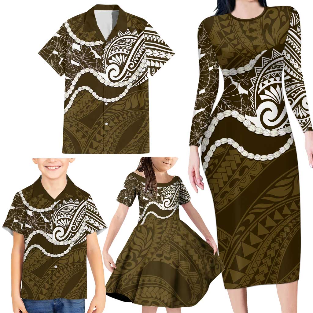 Aloha Hawaii Kalo Pikake Lei Family Matching Long Sleeve Bodycon Dress and Hawaiian Shirt Chest Tattoo Gold Hawaiian Pattern LT14 - Polynesian Pride