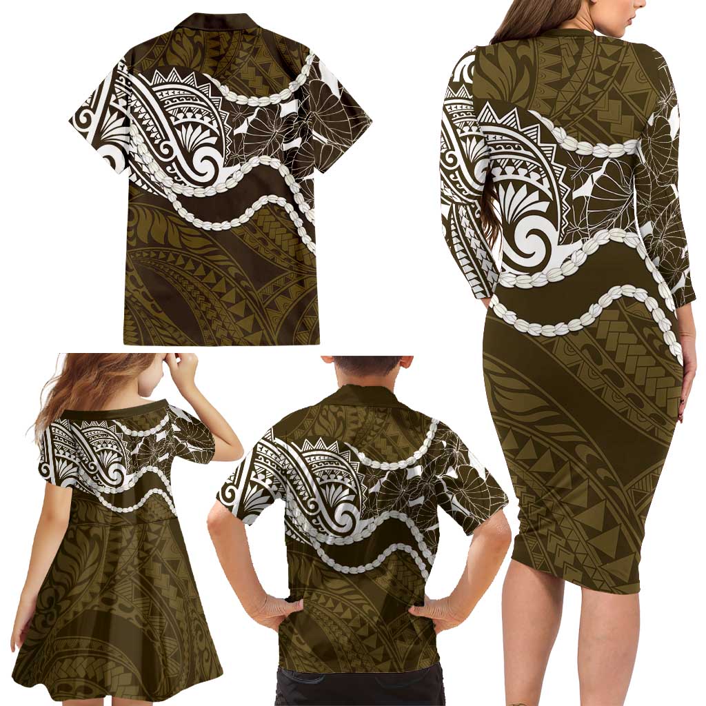 Aloha Hawaii Kalo Pikake Lei Family Matching Long Sleeve Bodycon Dress and Hawaiian Shirt Chest Tattoo Gold Hawaiian Pattern LT14 - Polynesian Pride
