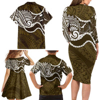 Aloha Hawaii Kalo Pikake Lei Family Matching Long Sleeve Bodycon Dress and Hawaiian Shirt Chest Tattoo Gold Hawaiian Pattern LT14 - Polynesian Pride