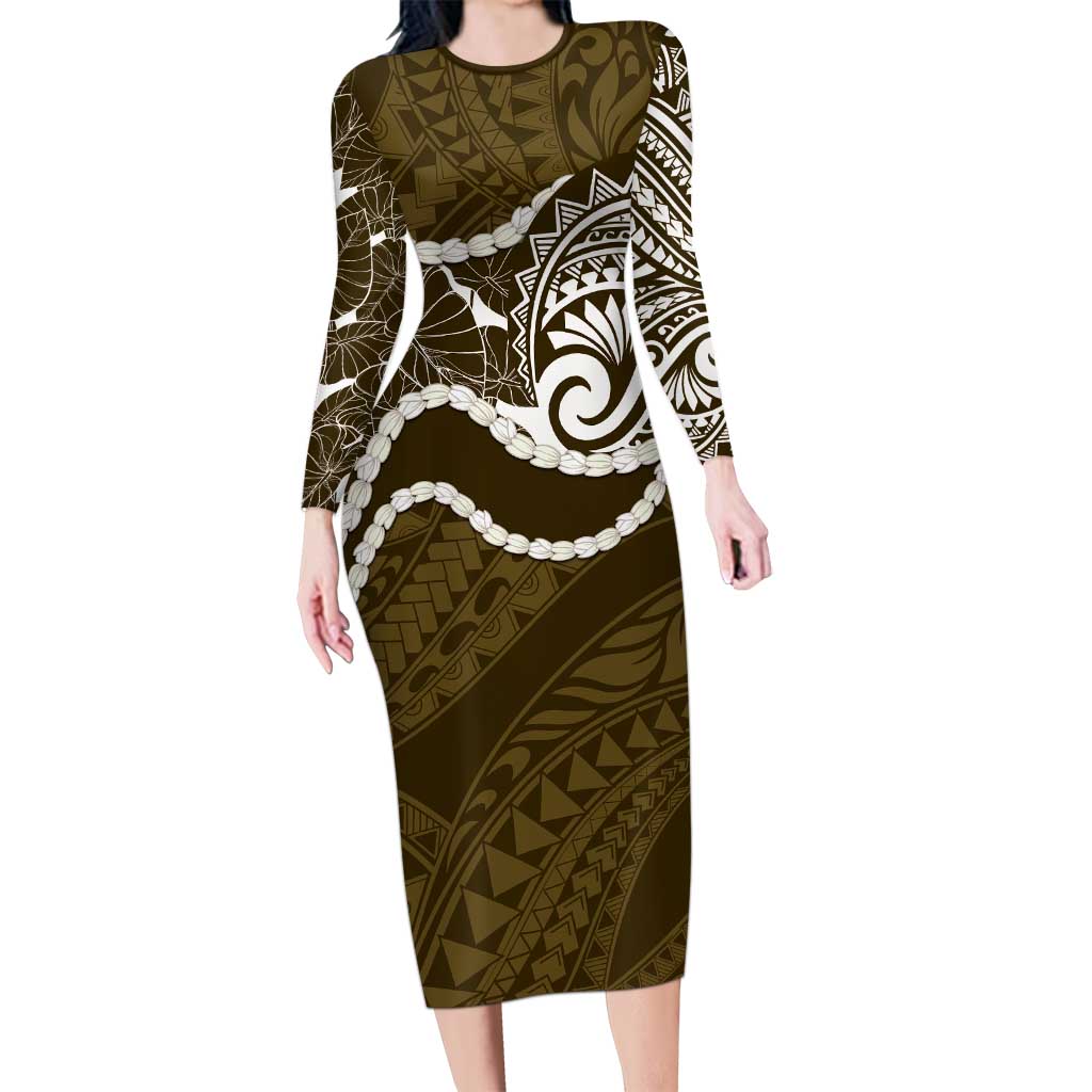 Aloha Hawaii Kalo Pikake Lei Family Matching Long Sleeve Bodycon Dress and Hawaiian Shirt Chest Tattoo Gold Hawaiian Pattern LT14 Mom's Dress Gold - Polynesian Pride