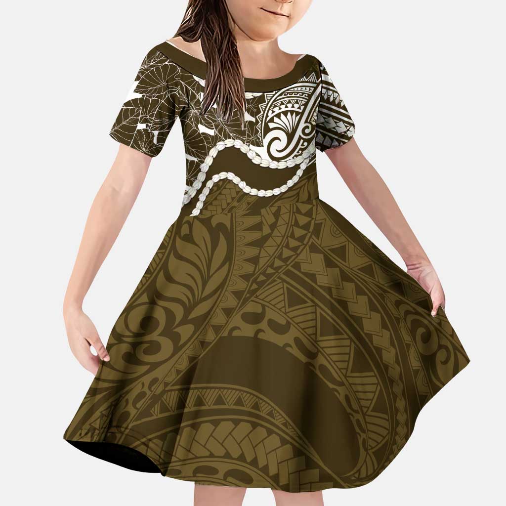 Aloha Hawaii Kalo Pikake Lei Family Matching Mermaid Dress and Hawaiian Shirt Chest Tattoo Gold Hawaiian Pattern LT14 Daughter's Dress Gold - Polynesian Pride