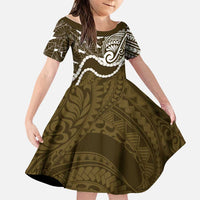 Aloha Hawaii Kalo Pikake Lei Family Matching Off The Shoulder Long Sleeve Dress and Hawaiian Shirt Chest Tattoo Gold Hawaiian Pattern LT14 Daughter's Dress Gold - Polynesian Pride