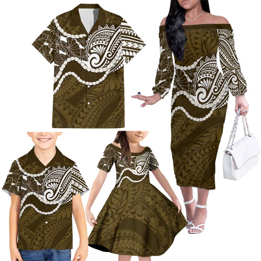 Aloha Hawaii Kalo Pikake Lei Family Matching Off The Shoulder Long Sleeve Dress and Hawaiian Shirt Chest Tattoo Gold Hawaiian Pattern LT14 - Polynesian Pride