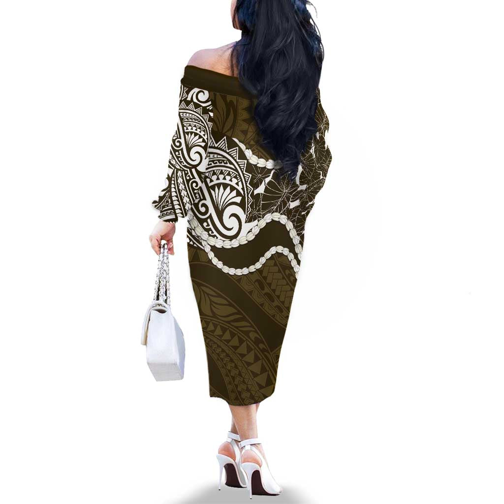 Aloha Hawaii Kalo Pikake Lei Family Matching Off The Shoulder Long Sleeve Dress and Hawaiian Shirt Chest Tattoo Gold Hawaiian Pattern LT14 - Polynesian Pride