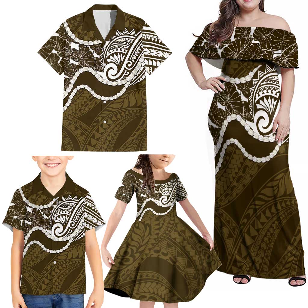 Aloha Hawaii Kalo Pikake Lei Family Matching Off Shoulder Maxi Dress and Hawaiian Shirt Chest Tattoo Gold Hawaiian Pattern LT14 - Polynesian Pride