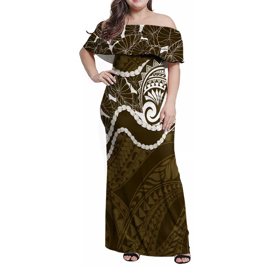 Aloha Hawaii Kalo Pikake Lei Family Matching Off Shoulder Maxi Dress and Hawaiian Shirt Chest Tattoo Gold Hawaiian Pattern LT14 Mom's Dress Gold - Polynesian Pride